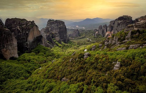 Sunset over the Monastery of Rousanou and the Monastery of St Nicholas Anapavsa, Anapavsas, Metéora