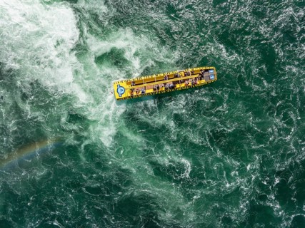 Aerial view, top down view from a passenger boat for round trips below the Rhine Falls, Neuhausen,