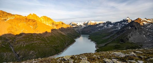 Picturesque mountain landscape at the summit Mont de la Blana at sunset, view of blue mountain