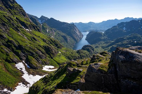 Picturesque mountain landscape, Trollfjord and Raftsund fjord, hike to Trollfjord Hytta, Lofoten,