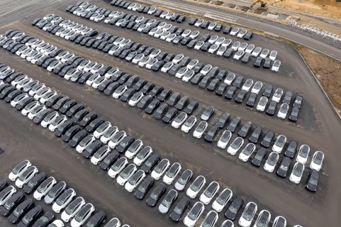 Aerial view of Tesla Y models produced in the Tesla Giga Factory, Grünheide, 28 01 2023