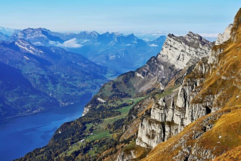 View of Lake Walen from Chäserrugg, Toggenburg, Canton of St. Gallen, Switzerland, Europe
