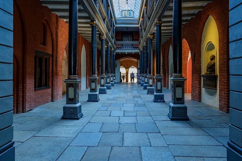 North-south passage and courtyard of the medieval town hall from the brick Gothic period with