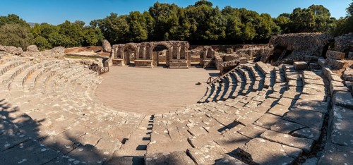 Panoramic in the theater and amphitheater in the archaeological ruins of Butrint or Butrinto