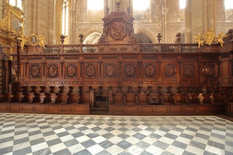 Choir stalls of the Gothic church Ste-Marie-Madelein, interior view, wood carving, arts and crafts,