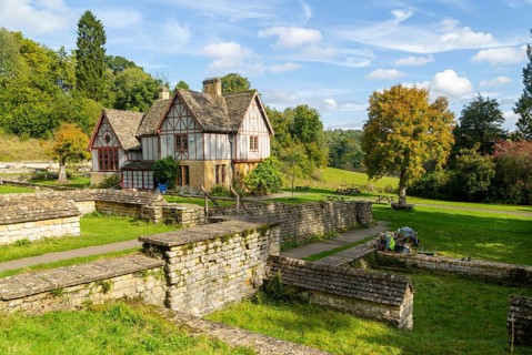 Overview of excavated walls and museum building, Chedworth Roman Villa, Chedworth, Cotswolds,