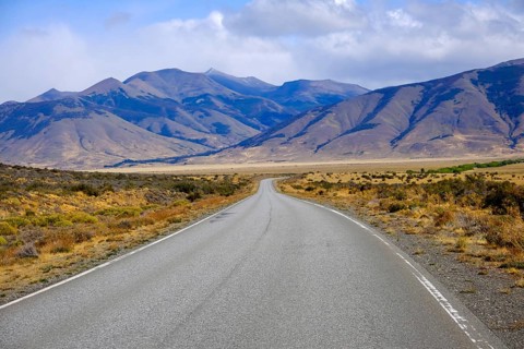 El Calafate, Patagonia, Argentina, R11 country road with little traffic in front of a mountain