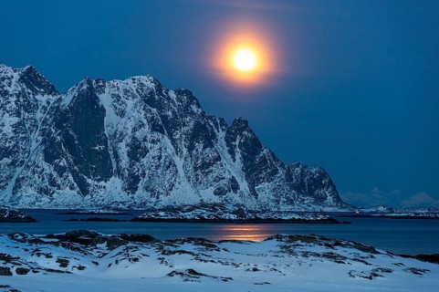 Moonrise, winter landscape, Lofoten island Vestvågøya at the fjord Gimsøystraumen, Lofoten,