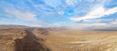 Israel Panoramic views from Masada Fortress in National Park in Negev Judaean Desert near Dead Sea