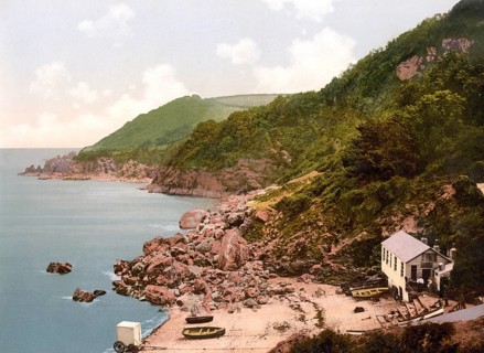 Anstey's Cove, Torquay, England, Historic, digitally restored reproduction from a 19th century