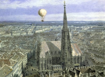Hot air balloon flies over the city of Vienna and St Stephen's Cathedral, 1847, Painting by Jakob