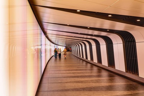 Pedestrian tunnel at St Pancras station, Camden, London, England, United Kingdom, London, South of