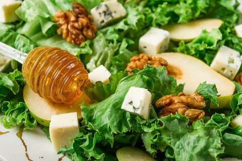 Keto Salad, pear with blue cheese and walnut, selective focus, no people, close-up