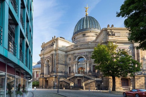 Art Academy with glass dome lemon squeezer on Georg-Treu-Platz, Dresden, Saxony, Germany, Europe
