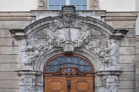 Detail of the entrance portal of the Marie-Theres-Gymnasium, neo-baroque, built in 1909,