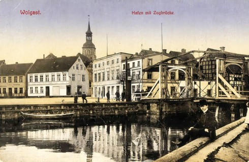 Historical postcard, picture postcard, harbour with drawbridge of Wolgast, Mecklenburg-Western
