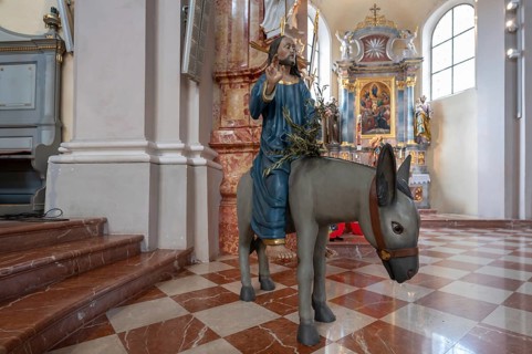 New copy of the Palmesel, formerly 16th century, in St Nicholas Church, Tannheim, district of