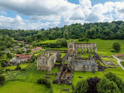 Rievaulx Abbey from a drone, North York Moors National Park, North Yorkshire, England, United