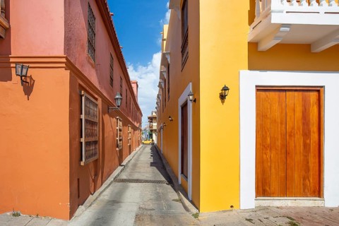 Colombia, Scenic colorful streets of Cartagena in historic Getsemani district near Walled City