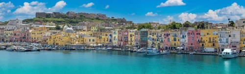 Procida Island, Campania, Italy, June 10, 2022: Italy, Procida Island shoreline with shops and