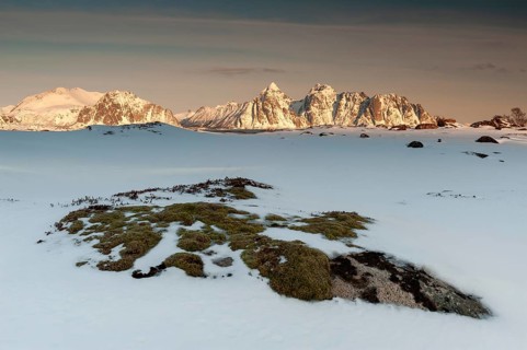 Winter landscape, Rugged mountains, Lofoten island Vestvågøya at the fjord Gimsøystraumen, Lofoten,