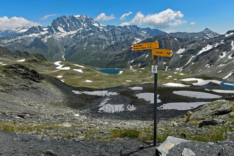 Signpost at the Col du Bastillon pass, view to the summit of Mont Velan, Valais Alps, Valais,