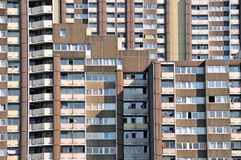 Residential tower blocks KölnBerg, a social hotspot in the Meschenich district of Cologne, North