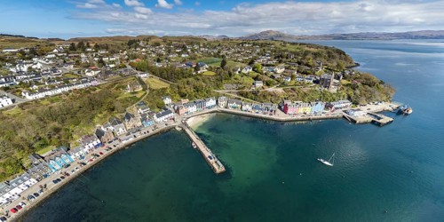 Aerial panorama view of village Tobermory, a picturesque village on the Isle of Mull, Scotland, UK