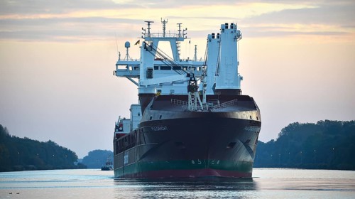 General Cargo, cargo ship Pijlgracht sailing at sunrise in the Kiel Canal, Kiel Canal,