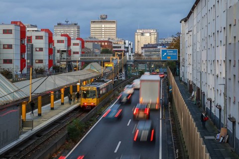 Essen, North Rhine-Westphalia, Germany, motorway A40 in the city centre, exit Essen Zentrum, during