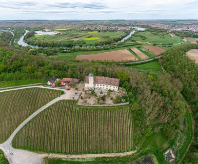 Aerial view of castle Hallburg near Volkach, main river in the back, Germany, Europe
