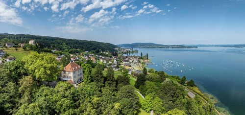 Aerial view, panorama of Arenenberg with Arenenberg Castle, Napoleon Museum, on the lakeshore the