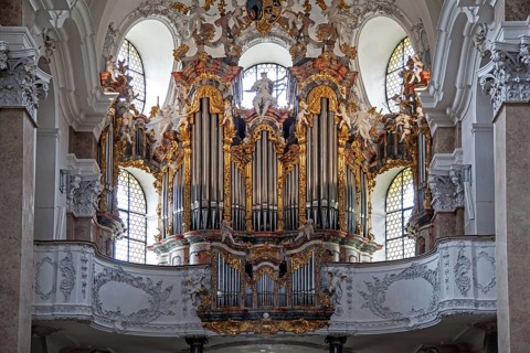 Church, baroque basilica St. Mang, interior view, organ, Füssen, Ostallgäu, Bavaria Germany