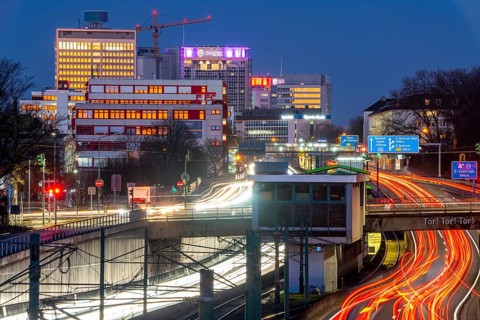 The skyline of Essen city centre, A40 motorway, Ruhr Expressway, North Rhine-Westphalia, Germany,