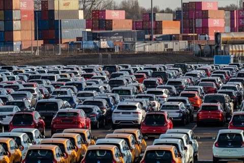 Car terminal in the Logport I inland port, in Duisburg on the Rhine, vehicle handling of new cars,
