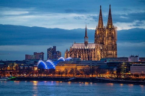 Skyline of Cologne, with the cathedral, Musical Dome theatre, on the Rhine, North Rhine-Westphalia,