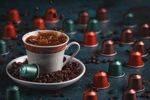 Coffee cup with splashing coffee and falling coffee beans surrounded by capsules
