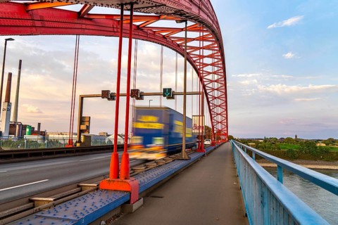 The Bridge of Solidarity, the longest tied-arch bridge in Germany, over the Rhine from