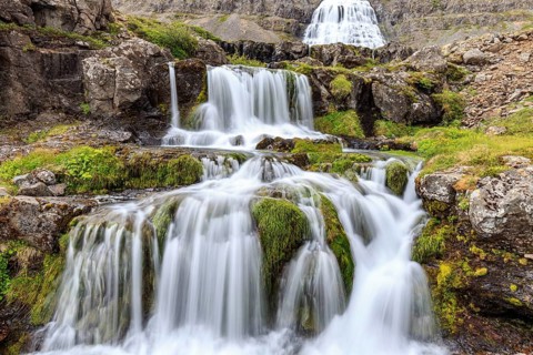Waterfall, cascades, river, moss, long exposure, mountains, Dynjandi, Westfjords, Iceland, Europe
