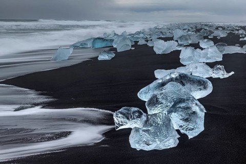 Ice floes, beach, sea, waves, cloudy, Diamond Beach, Breidamerkursandur, Jökulsarlon, Iceland,