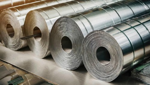 Metal, material, various thin sheets of stainless steel on a roll