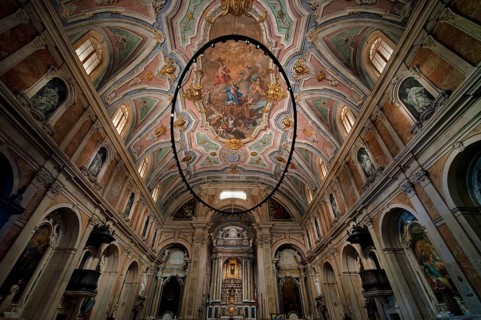 Interior view, nave, ceiling painting, ceiling, perspective painting, chancel, Loreto Church,