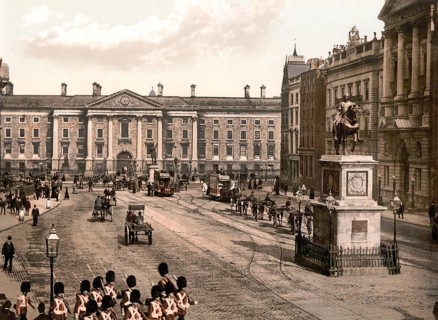 College Green, Dublin, Ireland, Historic, digitally restored reproduction from a 19th century