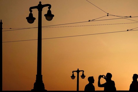 Tourists on the Augustus Bridge in Dresden, sunset, Saxony, Germany, Europe
