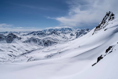 View of mountain panorama with mountain peaks of the Bernina group, mountain landscape with snow,