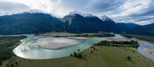 Aerial view over Rio Baker at the Rio Nadis mountain range south of Cochrane, Patagonia, Chile,