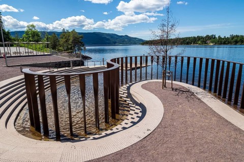 Memorial for the Utøya terror attack of 2011, metal pillars for every person killed, Utøyakaia at