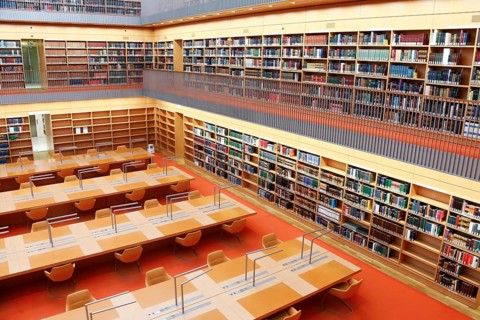 View of the general reading room of the Berlin State Library in the Unter den Linden building..The