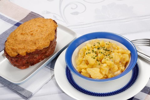 Swabian cuisine, Stuttgarter Leberkäs in a horseradish-mustard coating, Swabian potato salad,