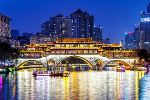Chengdu Anshun Bridge over Jin River at night in Chengdu, China, Asia